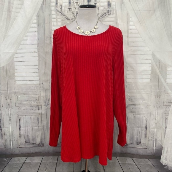NEW Calvin Klein Size 2X Plus Red Ribbed Tunic Shirt Long Sleeve Pullover Hi-Low - Picture 1 of 11